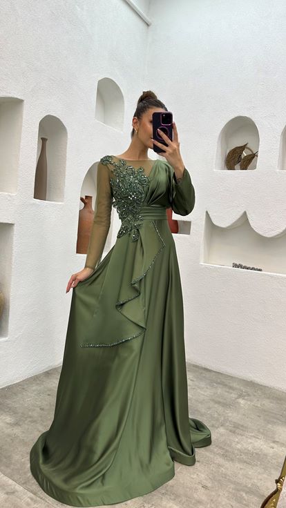 Khaki Embroidered Layered Tulle Detailed Design Satin Evening Dress