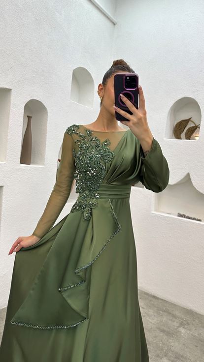 Khaki Embroidered Layered Tulle Detailed Design Satin Evening Dress