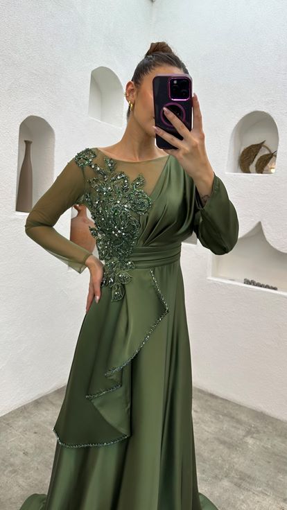 Khaki Embroidered Layered Tulle Detailed Design Satin Evening Dress