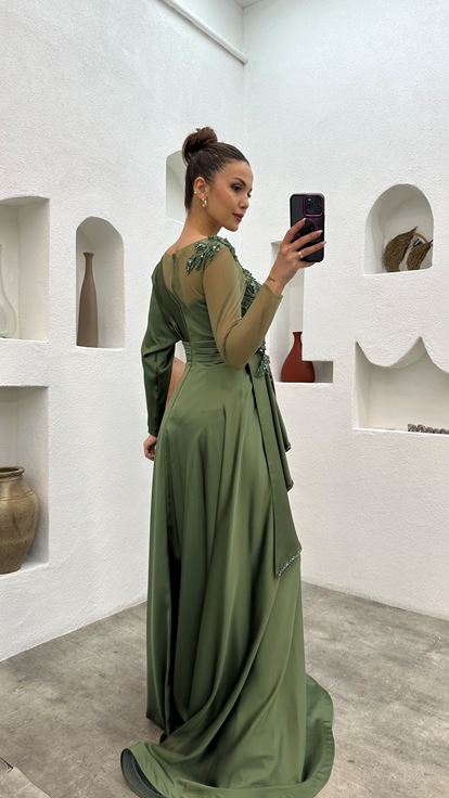 Khaki Embroidered Layered Tulle Detailed Design Satin Evening Dress