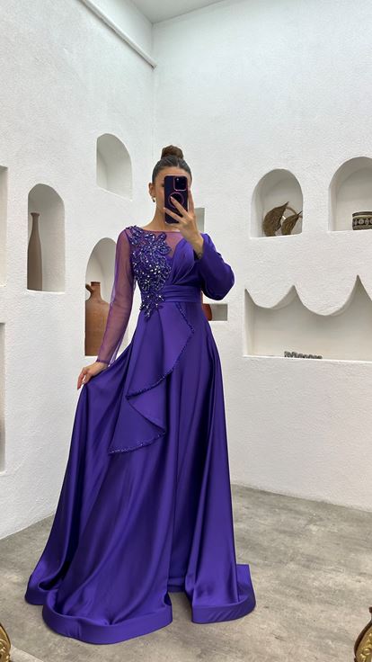 Purple Embroidered Layered Tulle Detailed Design Satin Evening Dress