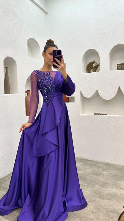 Purple Embroidered Layered Tulle Detailed Design Satin Evening Dress
