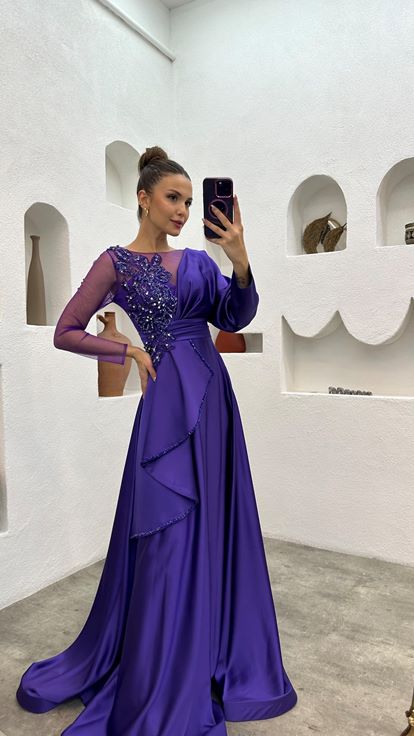 Purple Embroidered Layered Tulle Detailed Design Satin Evening Dress