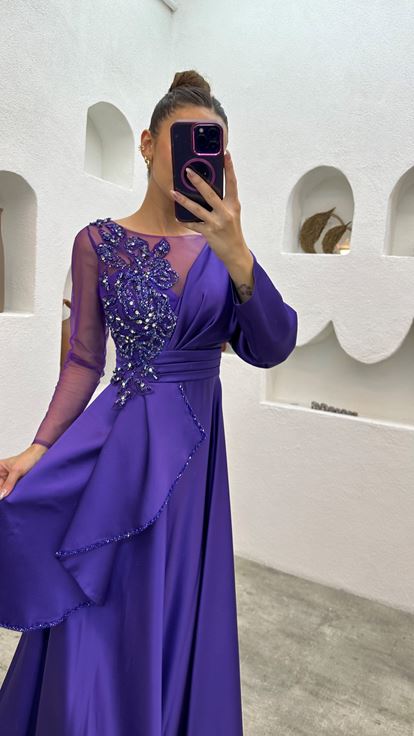 Purple Embroidered Layered Tulle Detailed Design Satin Evening Dress