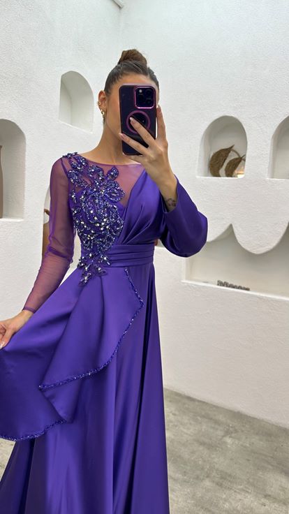 Purple Embroidered Layered Tulle Detailed Design Satin Evening Dress