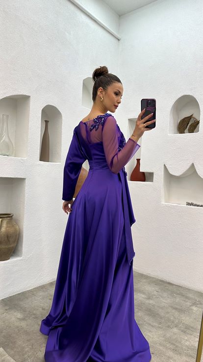 Purple Embroidered Layered Tulle Detailed Design Satin Evening Dress