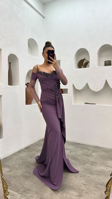 Lilac Sleeves Tulle Volan Detail Embroidered Design Evening Dress