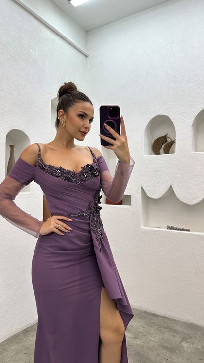 Lila Kolları Tül Volanlı İşlemeli Abiye Elbise