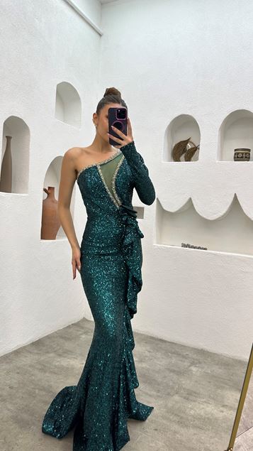 Emerald Green Single Sleeve Flywheel Detail Bust Tulle Embroidered Design Sequin Evening Dress
