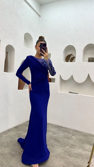 Navy Blue Tulle Detailed Embroidered Draped Design Evening Dress