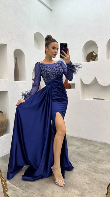 Saks Tulle dettaglio maniche ricamate piumata abito da sera