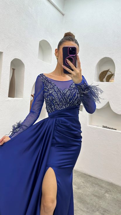 Saks Tulle dettaglio maniche ricamate piumata abito da sera