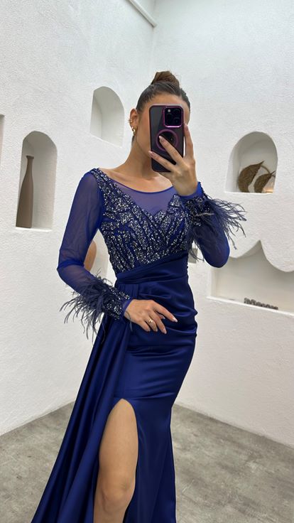 Saks Tulle dettaglio maniche ricamate piumata abito da sera