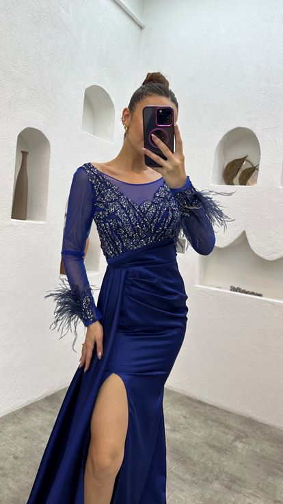 Saks Tulle dettaglio maniche ricamate piumata abito da sera