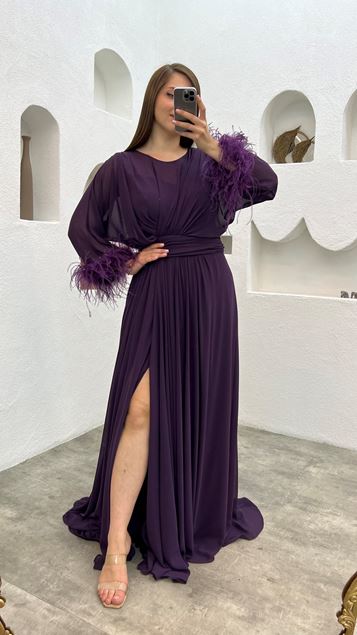 Plum Draped Feathered Plus Size Evening Dress