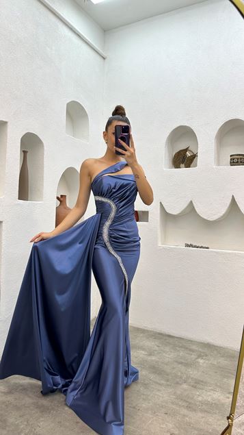 Anthracite Boat Neck Waist Embroidered Evening Dress