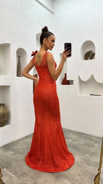 Abito da sera paillettes di paillettes trasparente arancione