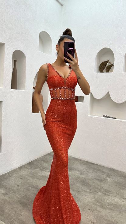 Abito da sera paillettes di paillettes trasparente arancione