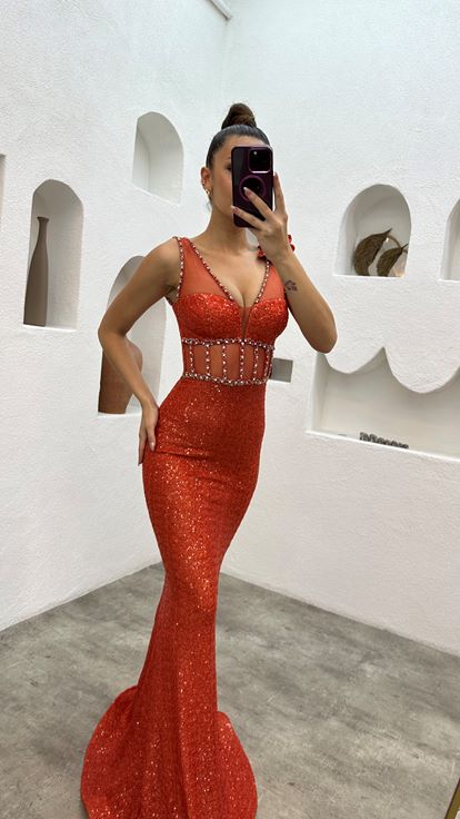Abito da sera paillettes di paillettes trasparente arancione