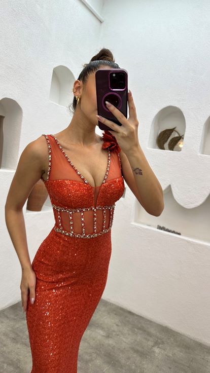 Abito da sera paillettes di paillettes trasparente arancione