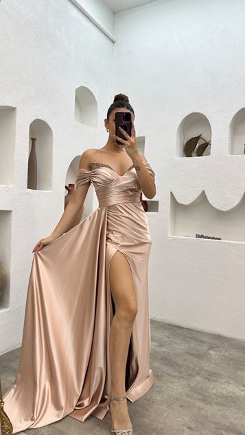 Beige senza spalline drappeggiato pietra ricamata abito da sera