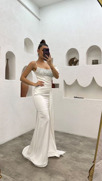 White Rope Strap Shoulder Flounce Detail Draped Stone Embroidered Design Evening Dress