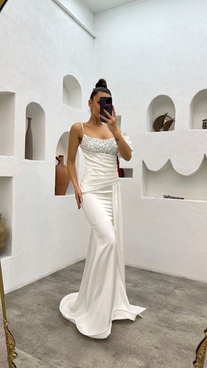 White Rope Strap Shoulder Flounce Detail Draped Stone Embroidered Design Evening Dress