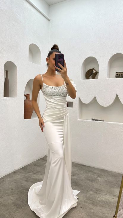 White Rope Strap Shoulder Flounce Detail Draped Stone Embroidered Design Evening Dress