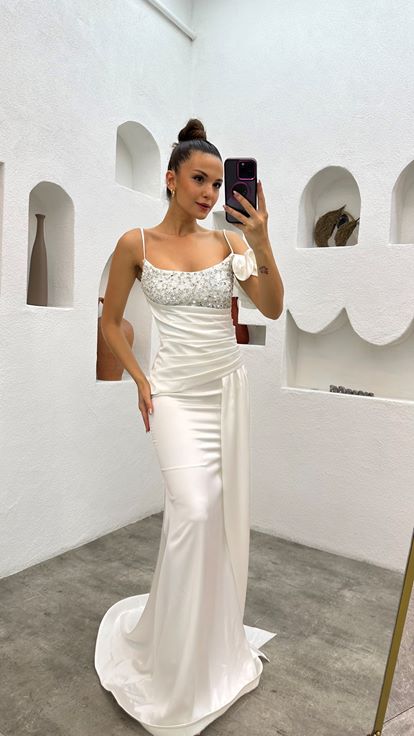 White Rope Strap Shoulder Flounce Detail Draped Stone Embroidered Design Evening Dress