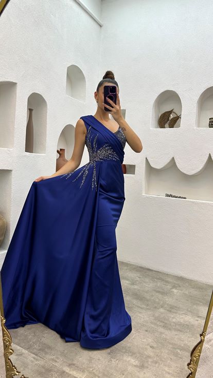 Indigo One Shoulder Stone Embroidered Design Satin Evening Dress