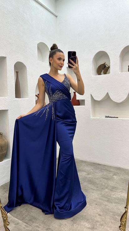 Indigo One Shoulder Stone Embroidered Design Satin Evening Dress