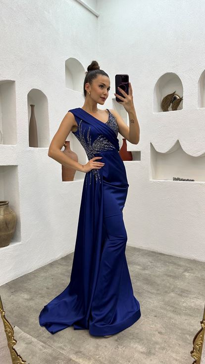 Indigo One Shoulder Stone Embroidered Design Satin Evening Dress