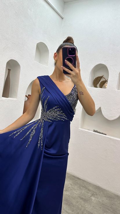 Indigo One Shoulder Stone Embroidered Design Satin Evening Dress