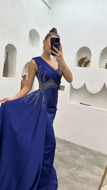 Indigo One Shoulder Stone Embroidered Design Satin Evening Dress