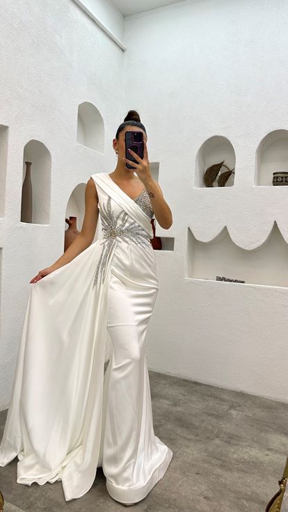 White One Shoulder Stone Embroidered Design Satin Evening Dress