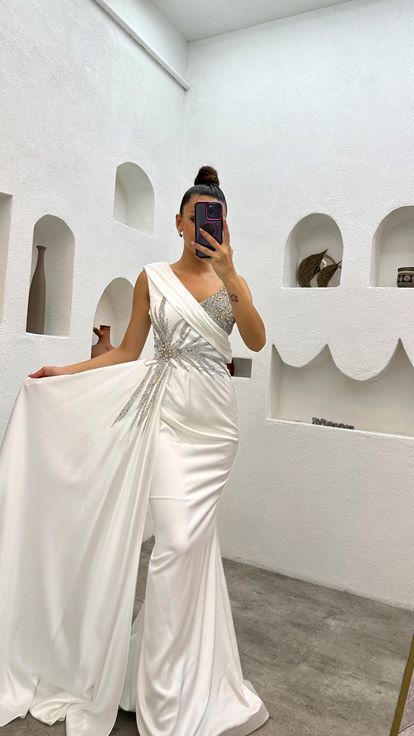 White One Shoulder Stone Embroidered Design Satin Evening Dress