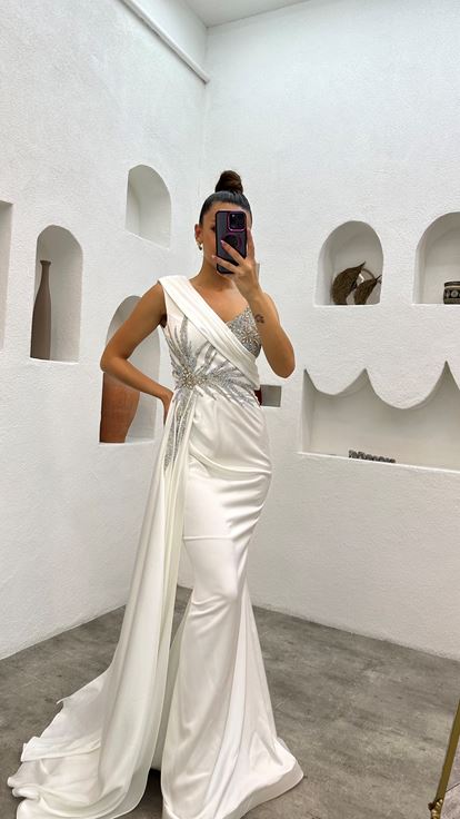 White One Shoulder Stone Embroidered Design Satin Evening Dress