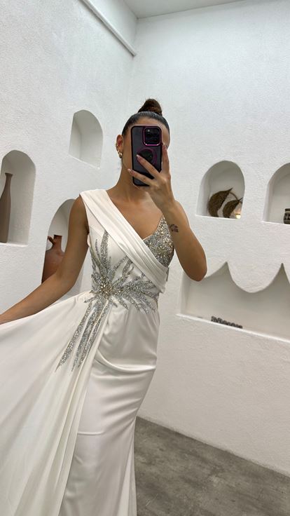White One Shoulder Stone Embroidered Design Satin Evening Dress