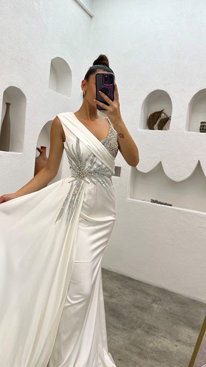 White One Shoulder Stone Embroidered Design Satin Evening Dress