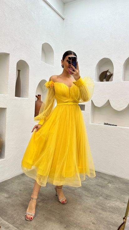 Yellow Midi Length Shoulder Floral Detail Belted Design Tulle Evening Dress