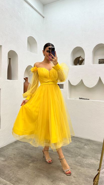 Yellow Midi Length Shoulder Floral Detail Belted Design Tulle Evening Dress