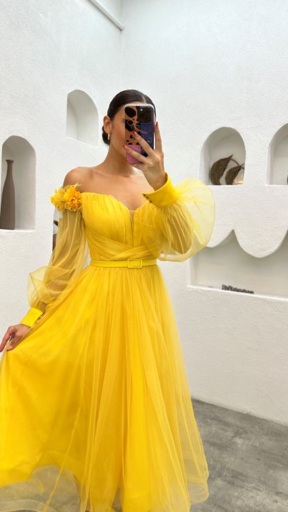 Yellow Midi Length Shoulder Floral Detail Belted Design Tulle Evening Dress