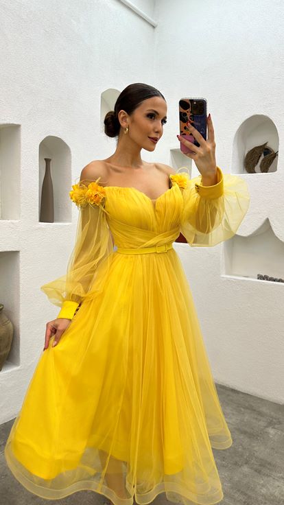 Yellow Midi Length Shoulder Floral Detail Belted Design Tulle Evening Dress