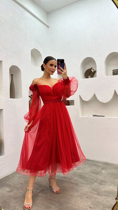 Red Midi Length Shoulder Floral Detail Belted Design Tulle Evening Dress