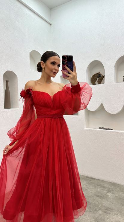 Red Midi Length Shoulder Floral Detail Belted Design Tulle Evening Dress