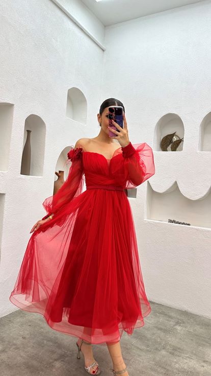 Red Midi Length Shoulder Floral Detail Belted Design Tulle Evening Dress