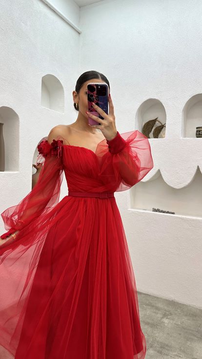 Red Midi Length Shoulder Floral Detail Belted Design Tulle Evening Dress