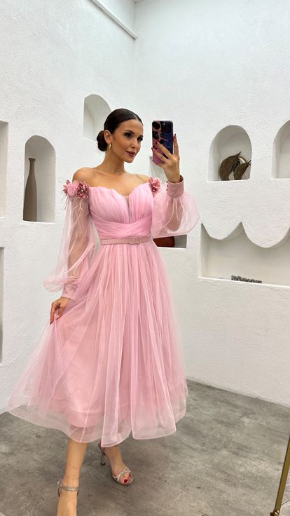 Powder Midi Length Shoulder Floral Detail Belted Design Tulle Evening Dress