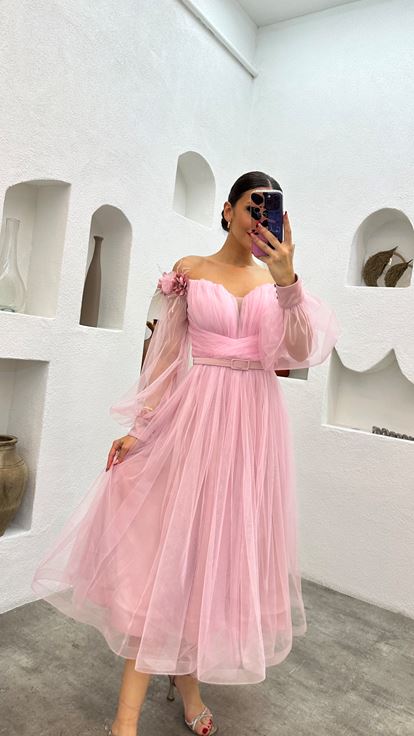 Powder Midi Length Shoulder Floral Detail Belted Design Tulle Evening Dress