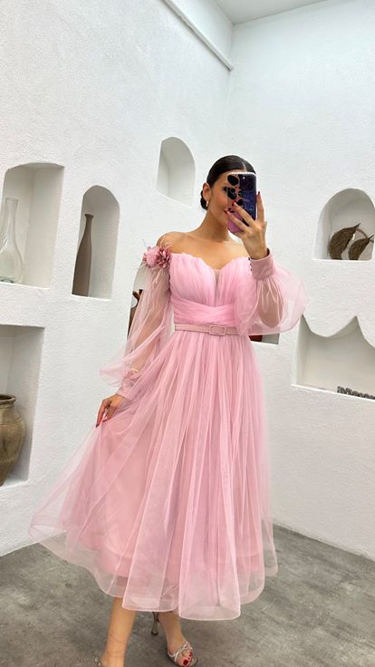 Powder Midi Length Shoulder Floral Detail Belted Design Tulle Evening Dress